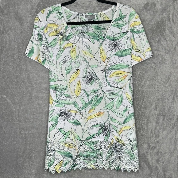 JM Collection Tops - JM Collection Large Shirt Top Green Floral Flower Short Sleeve Scoop Neck Sequin